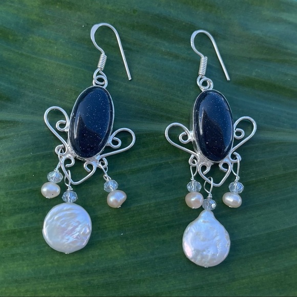 Sterling Silver 925 Blue Goldstone Dangle Earrings - Picture 7 of 9